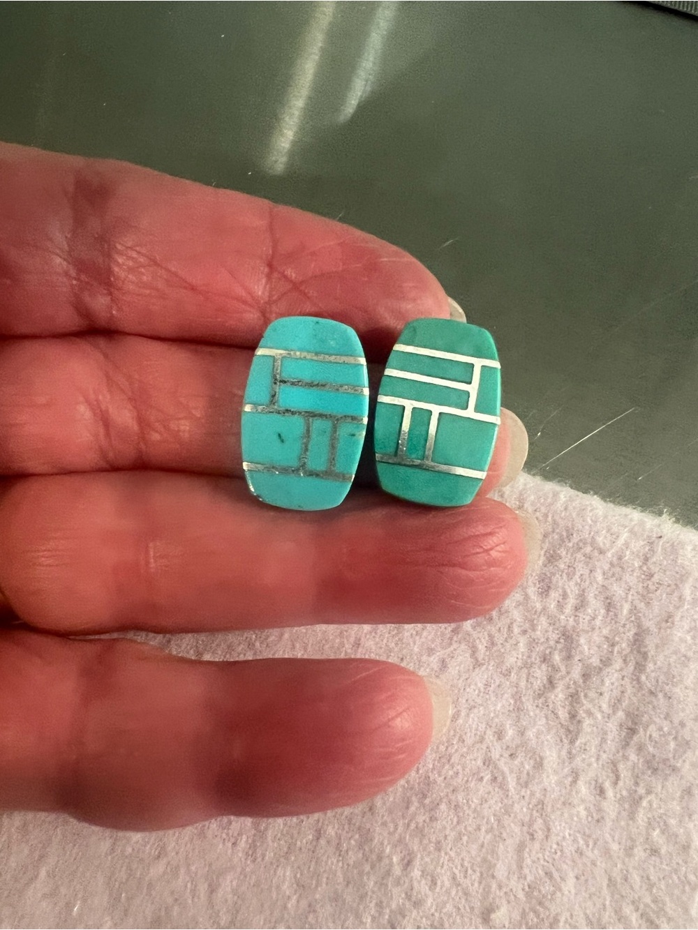 Coldwater Creek Turquoise and Sterling Silver Geometric Clip On Earrings